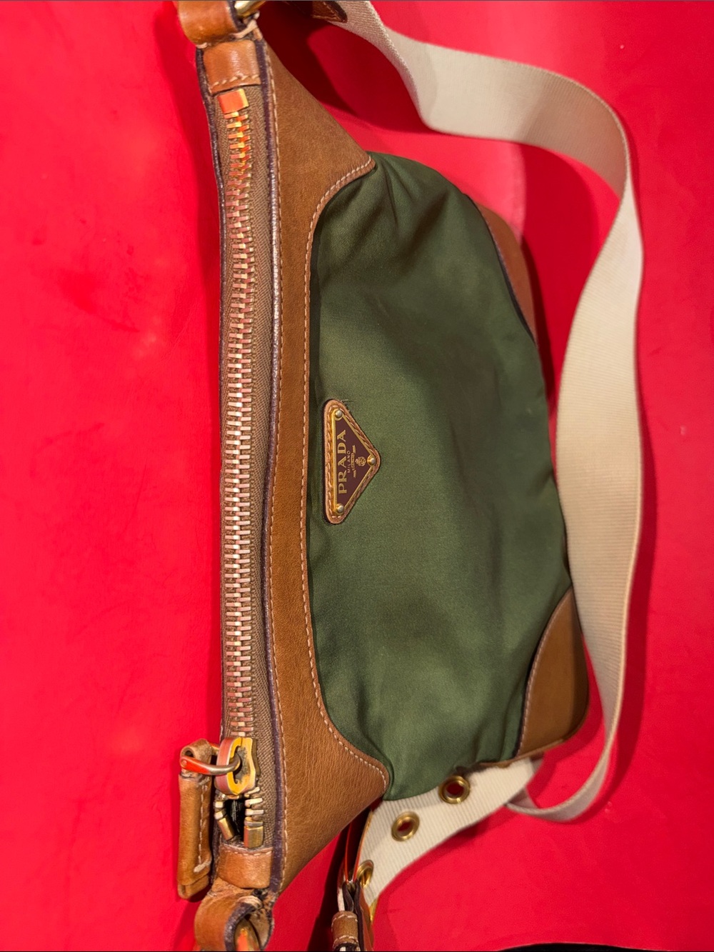 Prada Olive Green Nylon Crossbody with Brown Leather Trim and Beige Strap - Picture 11 of 12